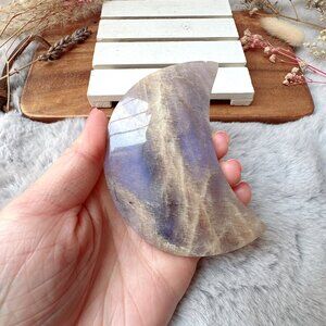 Gorgeous Blue Flash Moonstone Moon Carving with Stand (M1)